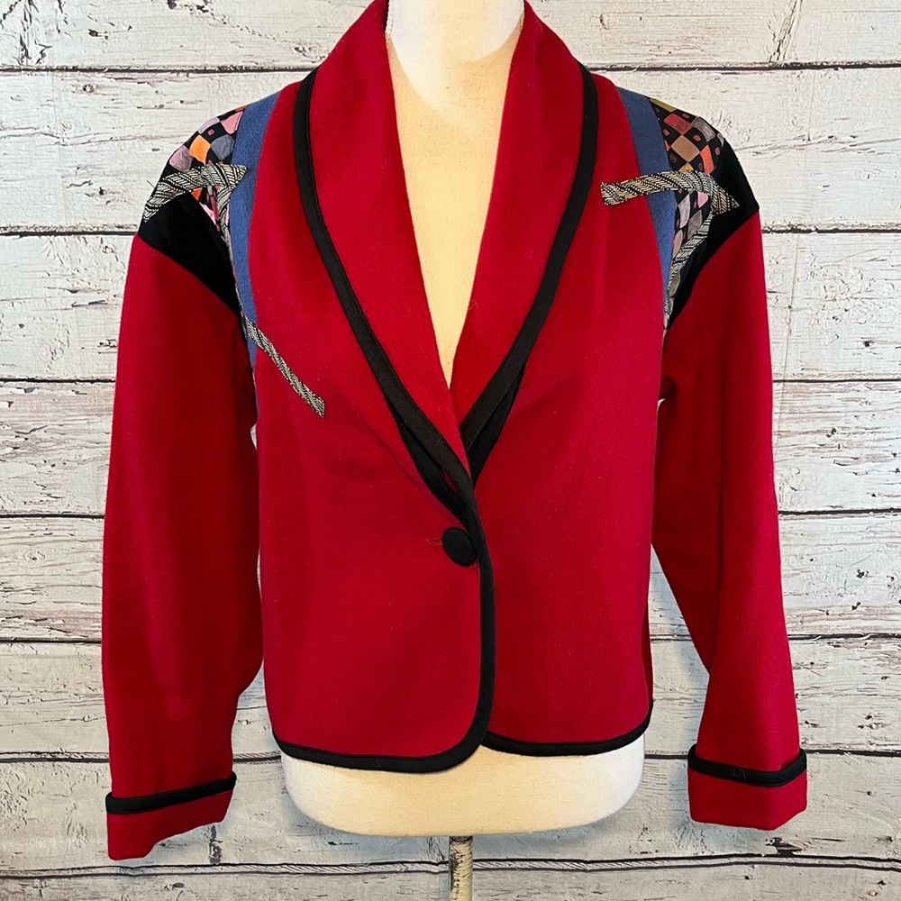 CANVASBACKS Wool Jacket 80's Vintage Red with Colorful Details-XS